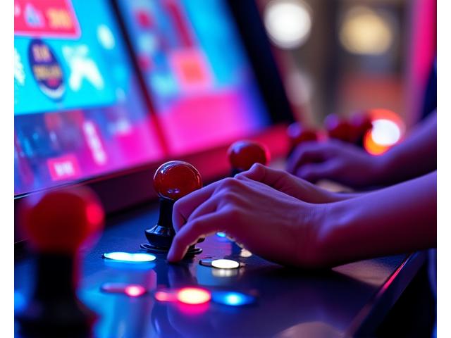 Person playing a futuristic arcade game, glowing neon lights